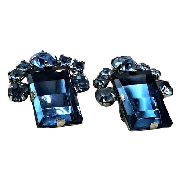 Vintage Blue Rhinestone Earrings Two Tone Blue Checkerboard Clip On Costume Jewe - Picture 10 of 10